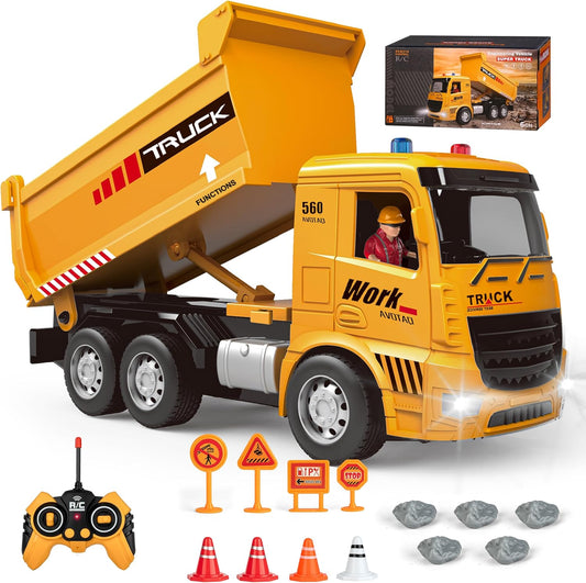 MLcnleS Kids-Toys for 3 4 5 6 Years Old Boys, Remote Control Dump Truck Toy with Activity Barricade, Rechargable, Construction-Car-Vehicle Toddlers-Toy for 6 7 8 9 Year Old Boys and Girls