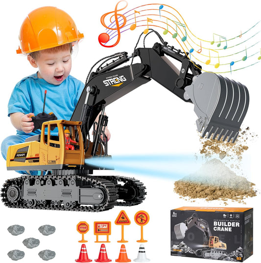 MLcnleS Remote Control Excavator Toys for Boys - 1/18 Big RC Construction Vehicles Excavator with Rechargeable Battery Sounds & Lights for Kids Age 3-12 Years Old, Best Birthday Idea
