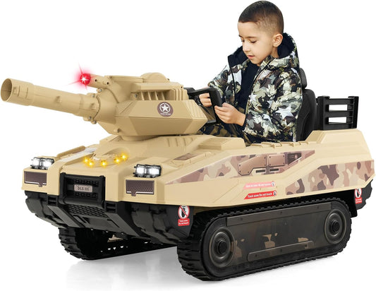 12V Ride on Car, Kids Electric Tank with Remote Control, 8 Cannonballs, Rotating Turret, 360°Spin Vehicle, Bluetooth, Battery Powered Army Tank Toy for Boys Girl