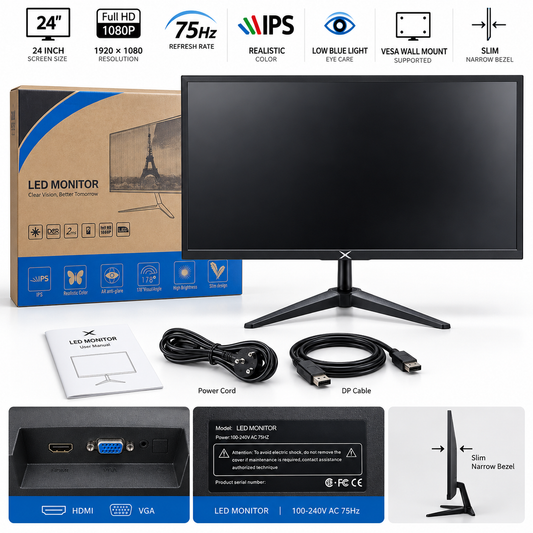 X 24" Narrow Bezel Monitor, HDMI + VGA, Black, Wall Mount Supported, 75Hz Refresh Rate, 1920×1080, Includes Manual, Power Cord & DP Cable