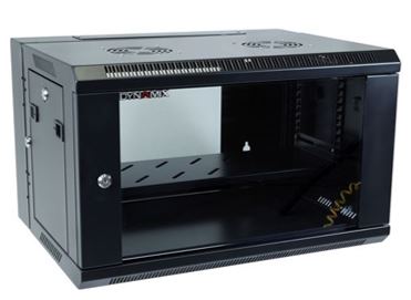 DYNAMIX 6RU Universal Swing Wall Mount Cabinet. Removable Back mount supplied with Left & Right Hinges (600 x 550 x 368mm). Includes 2x fans, 1 x fixed shelf, 10 x cage Gloss black colour.