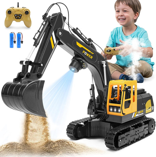 Remote Control Excavator Toys for Boys - 12 Channel Metal Shovel RC Excavator with Spray & LED Lights, RC Construction Vehicles with 2 Batteries, Gifts for Kids Boys Girls Age 3-5 4-7 8-12 Year Old