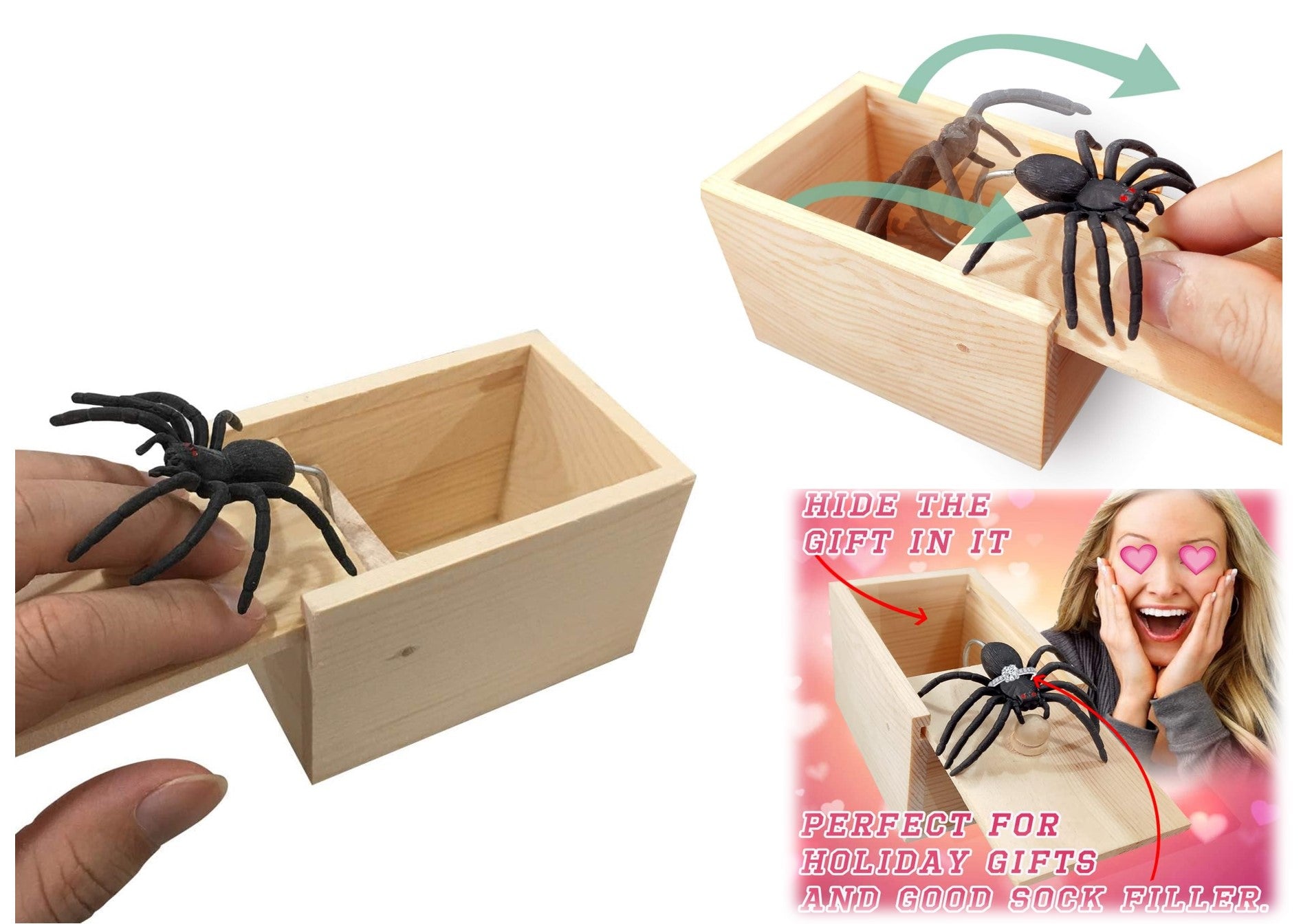 PARNIXS Rubber Spider Prank Box, Handcrafted Wooden Spider Money