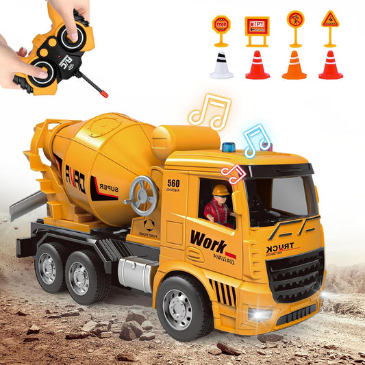 MLcnleS Kids Play Trucks Construction Toy - Remote Control Mixer Cement Truck Moveable with Light Sound, Barricade, Rechargable Vehicles Truck for 6 7 8 9 10 11 12 Years Old Boys Girls Birthday