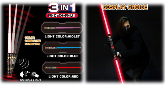 Light Up Saber 3 Colors, 2-In-1 Led Dual Light Swords With Fx Sound (Motion Sensitive) And Telescopic Handle For Multiplayer Galaxy War Fighter Warriors, Xmas Present Kids Party Gift