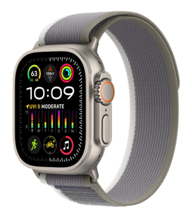 Apple Watch Ultra 2 GPS + Cellular, 49mm Rugged Titanium Case &Green/Grey Trail Loop S/M.