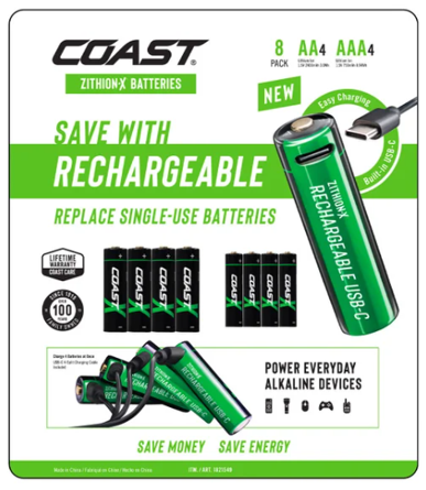 Coast Zithion-X Batteries Easy Charge via USB -C 4 X AA + 4 X AAA Easy Charge via USB -C