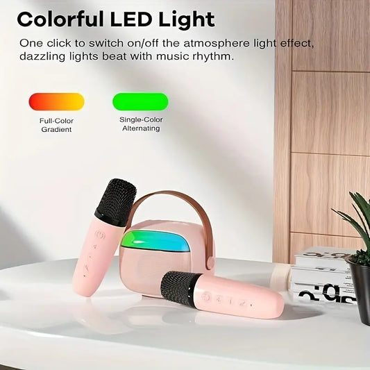 Mini Karaoke Machine Portable Speaker with 2 Wireless Microphones Perfect Sound Quality Outdoor/Indoor Family Party Colorful Lights Suitable for Christmas