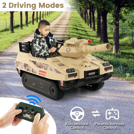 12V Ride on Car, Kids Electric Tank with Remote Control, 8 Cannonballs, Rotating Turret, 360°Spin Vehicle, Bluetooth, Battery Powered Army Tank Toy for Boys Girl