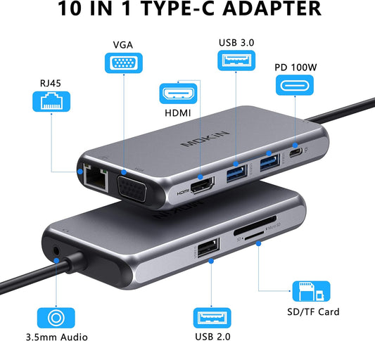 USB C Hub Type C Multiport Adapter for MacBook Pro/Air, 10 in 1 Mac Dongle with HDMI, Ethernet, VGA, PD Port, 3 USB 3.0, SD/TF Card Reader and Mic/Audio for Windows Type C Laptops