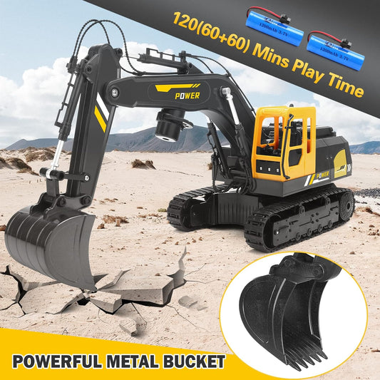 Remote Control Excavator Toys for Boys - 12 Channel Metal Shovel RC Excavator with Spray & LED Lights, RC Construction Vehicles with 2 Batteries, Gifts for Kids Boys Girls Age 3-5 4-7 8-12 Year Old