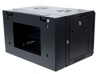 DYNAMIX 6RU Universal Swing Wall Mount Cabinet. Removable Back mount supplied with Left & Right Hinges (600 x 550 x 368mm). Includes 2x fans, 1 x fixed shelf, 10 x cage Gloss black colour.