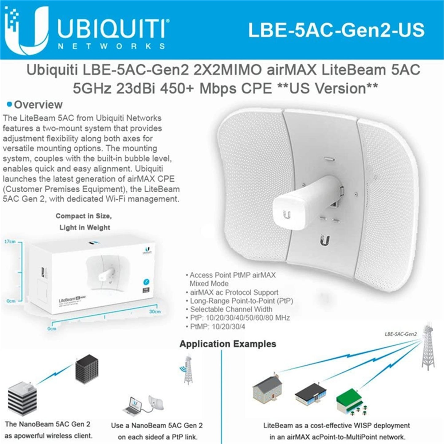 Ubiquiti LiteBeam AC Gen2 LBE-5AC-Gen2 IEEE 802.11ac 450 Mbit/s Wireless Bridge - 5 GHz - MIMO Technology - 1 x Network (RJ-45) - Gigabit Ethernet - Pole-mountable