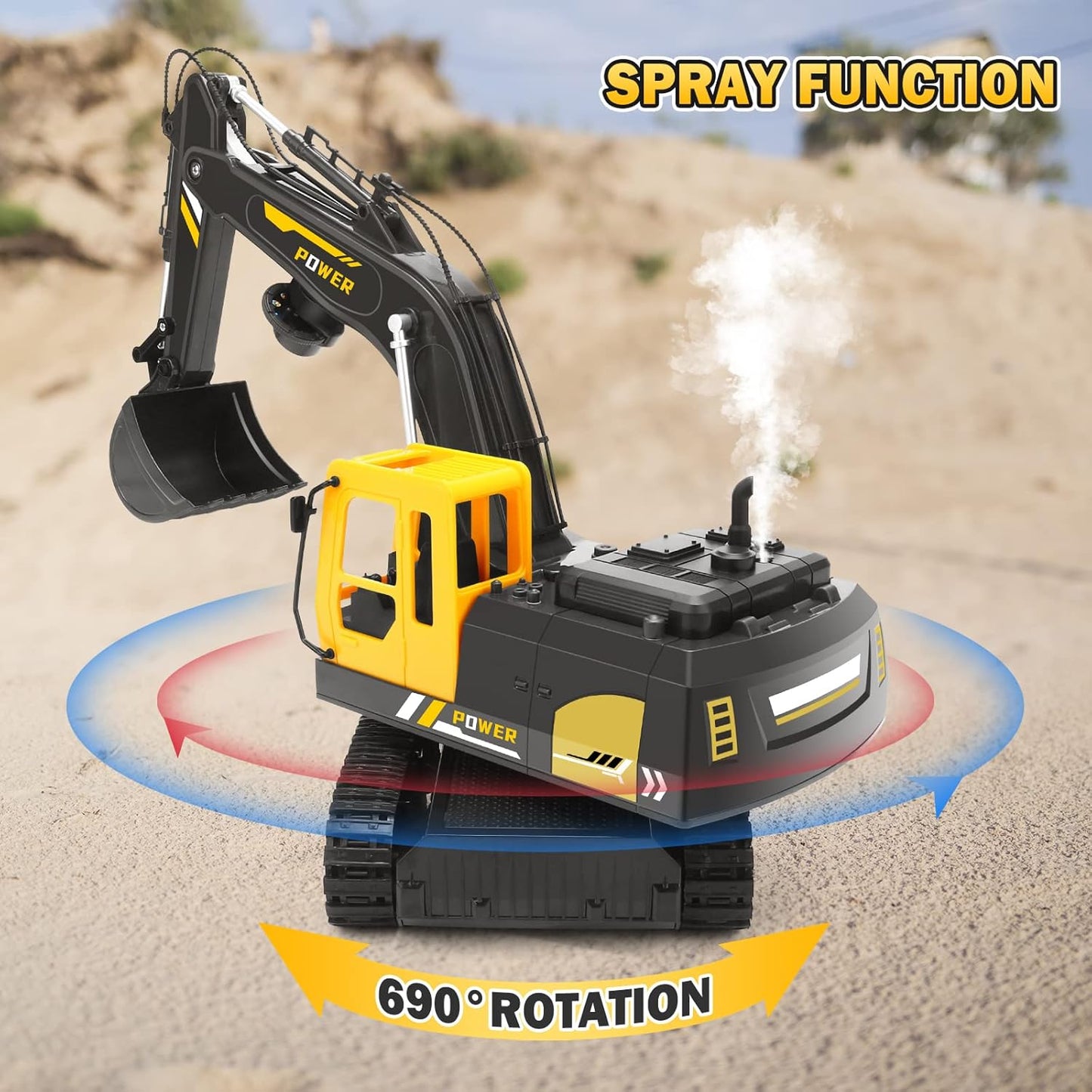 Remote Control Excavator Toys for Boys - 12 Channel Metal Shovel RC Excavator with Spray & LED Lights, RC Construction Vehicles with 2 Batteries, Gifts for Kids Boys Girls Age 3-5 4-7 8-12 Year Old