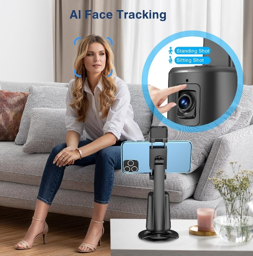 Auto Face Tracking Tripod 360° Rotating Cell Phone Photo and Video Kits Stand, No App, Camera Stand with Remote and Gesture Control, Rechargeable Smart Shooting Stand for Live Recording TiktokBlack