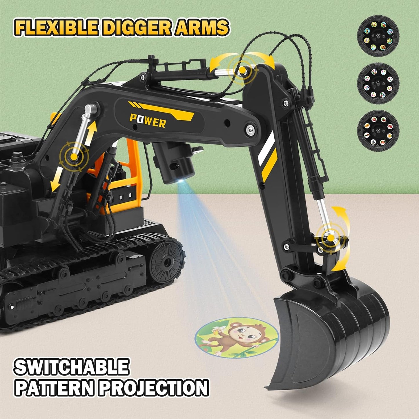 Remote Control Excavator Toys for Boys - 12 Channel Metal Shovel RC Excavator with Spray & LED Lights, RC Construction Vehicles with 2 Batteries, Gifts for Kids Boys Girls Age 3-5 4-7 8-12 Year Old