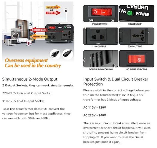 LVYUAN Voltage Transformer Converter 500 Watt Step Up/Down Convert from 110-120 Volt to 220-240 Volt and from 220-240 Volt to 110-120 Volt with US Outlet, Universal Outlet, Circuit Breaker