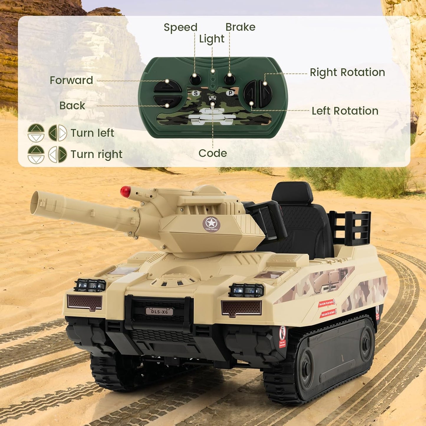 12V Ride on Car, Kids Electric Tank with Remote Control, 8 Cannonballs, Rotating Turret, 360°Spin Vehicle, Bluetooth, Battery Powered Army Tank Toy for Boys Girl