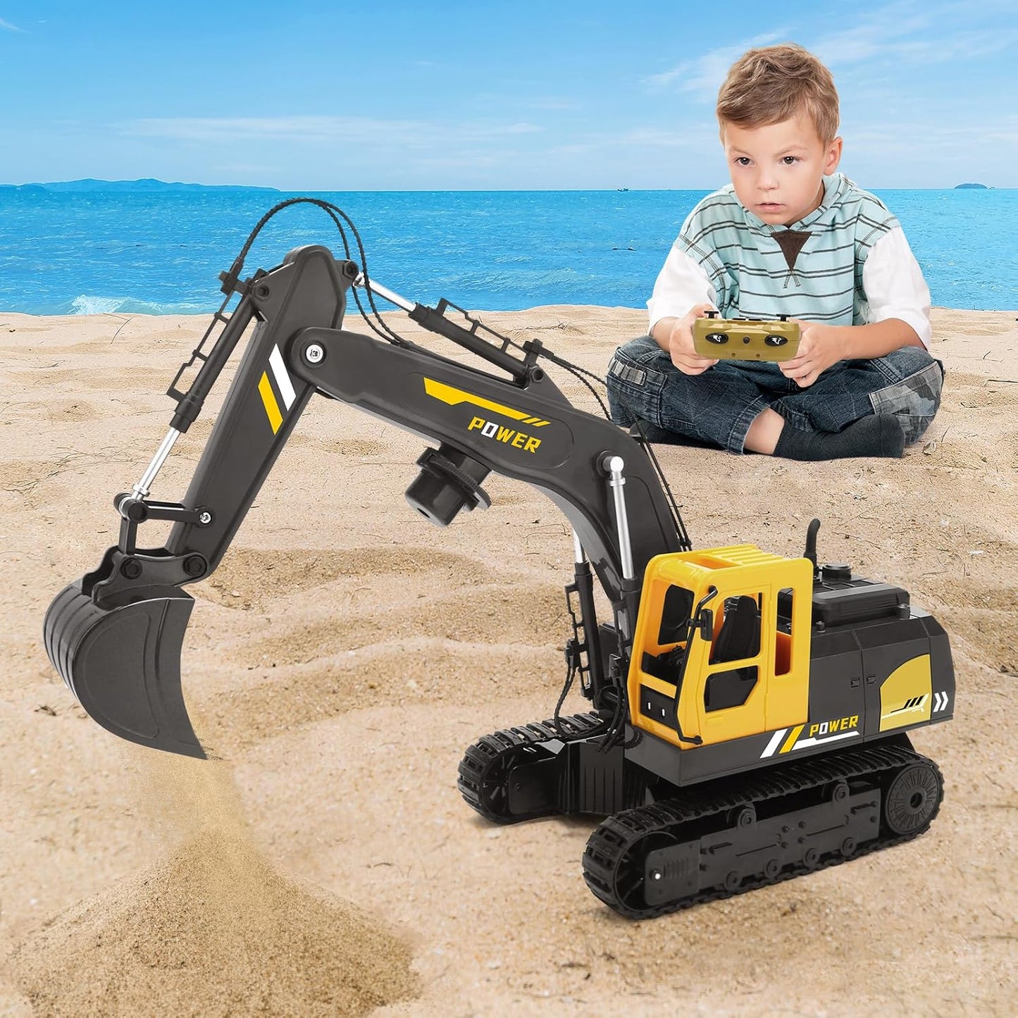 Remote Control Excavator Toys for Boys - 12 Channel Metal Shovel RC Excavator with Spray & LED Lights, RC Construction Vehicles with 2 Batteries, Gifts for Kids Boys Girls Age 3-5 4-7 8-12 Year Old