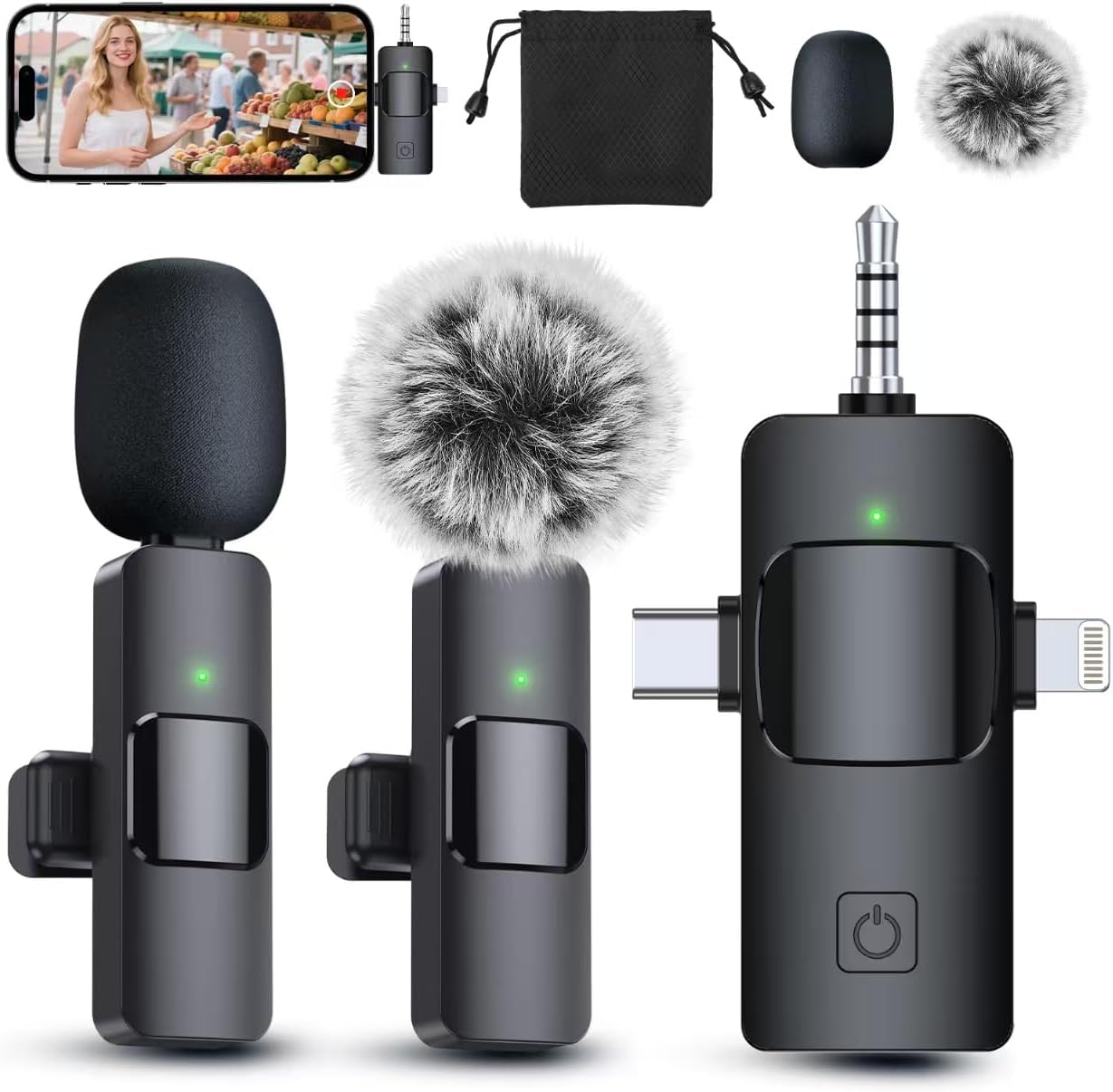 Microphone for iPhone/Android/Camera, Wireless Microphones, Mini Microphone, Crystal Clear Sound Quality for Recording, Live Streaming, Clips-Elegant Black