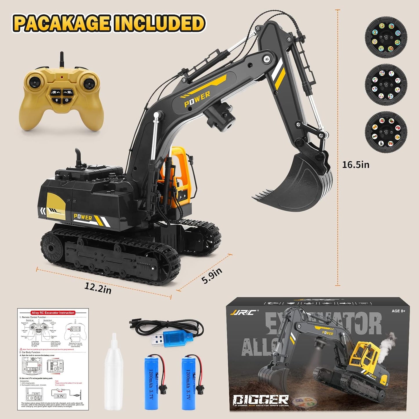 Remote Control Excavator Toys for Boys - 12 Channel Metal Shovel RC Excavator with Spray & LED Lights, RC Construction Vehicles with 2 Batteries, Gifts for Kids Boys Girls Age 3-5 4-7 8-12 Year Old