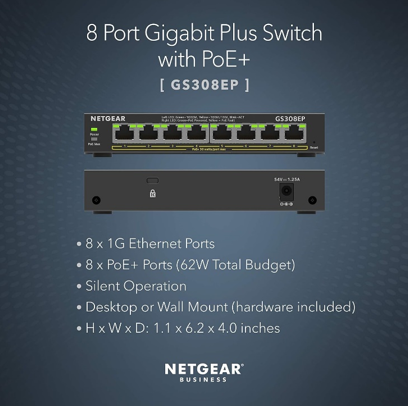 NETGEAR 8 Port PoE Gigabit Ethernet Plus Switch (GS308EP) - with 8 x PoE+ @ 62W, Desktop or Wall Mount