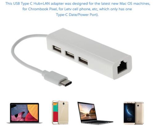 USB 3.1 Type C USB-C 3 Port Hub RJ45 Ethernet Network LAN Adapter Cable