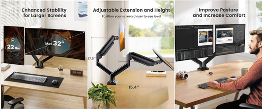 Dual Monitor Stand for 17-32 inches Screens, Dual Monitor Mount Gas Spring, Dual Monitor Arm Full Motion Adjustable, Holds Max 22 lbs, Vesa 75/100mm