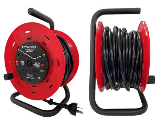 DYNAMIX 20M 4-Way 10A Heavy Duty Cable Reel with DP Switch (on/off). Includes Overload Thermal Cut-out Protection, Drum Wind Handle for Retracting, Steel Frame, Carry Handle. Red Case/Black Cable.