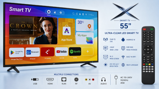 Ultra-clear LED Smart X TV 55" DVB-T2, 2160P, 3840×2160, 16:9, Brightness 250-300cd/m², Android 14, 2GB RAM / 16GB Storage, USB/HDMI/RJ45/RF/AV/WiFi/Audio, Multi-language, AC 110-240V 50/60Hz 45W