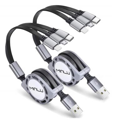 2Pack Multi Charging Cable 3A 4ft 3 in 1 Retractable Charging Cord Multi USB Cable Fast Charger Cord Adapter with IP/Type C/Micro USB Port for Cell Phones/IP/Samsung Galaxy/Ps/Tablets and More