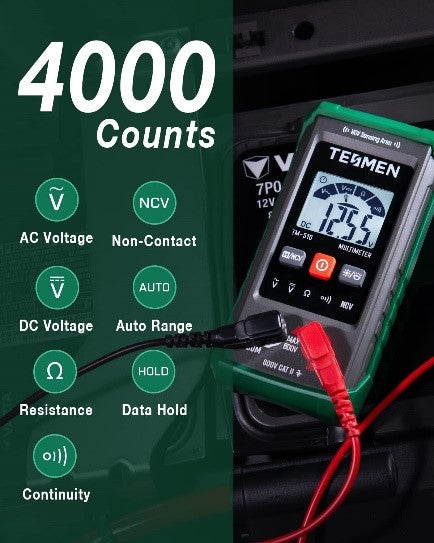 TESMEN TM-510 Digital Multimeter, 4000 Counts, Smart Measurement, Auto-Ranging Voltmeter; Voltage Tester with Non-Contact Voltage Function, Measures AC/DC Voltage, Resistance, Continuity - Green