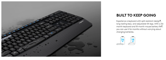 Logitech MK345 Comfort Wireless Keyboard Mouse Combo BLACK USB Receiver, Spill-Resistant, Tilt Legs, Number Pad