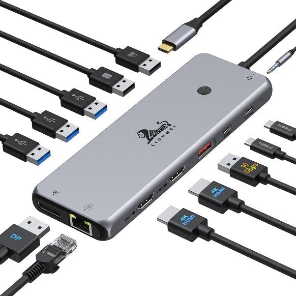 USB C Hub USB C Docking Station Dual Monitor 13 in 1 Triple Display Multiport Adapter with 2 HDMI+DP+8 USB C/A Ports+Ethernet+Audio, USB C Dongle