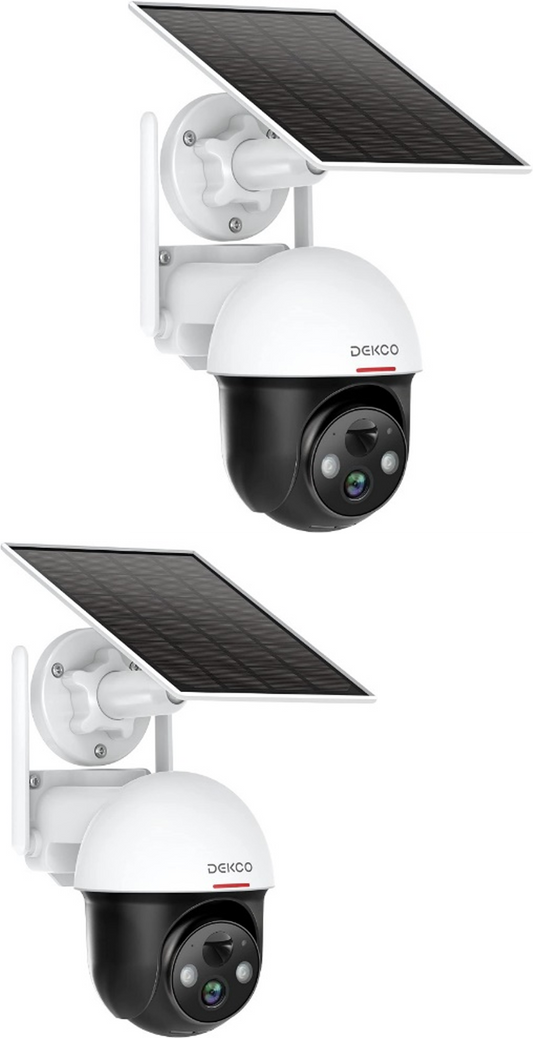 Security Camera Outdoor Solar 2Packs, DEKCO WiFi Outdoor Security Cameras Pan-Tilt 360° View, 1080P Surveillance Cameras with Motion Detection and Siren, 2-Way Audio, Full Color Night Vision, Waterproof
