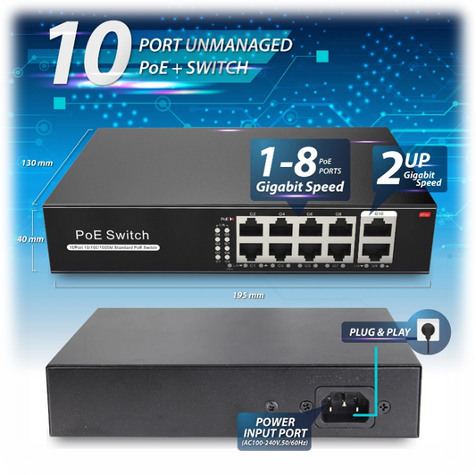 8 Port Gigabit PoE Switch +2 Gigabit Uplinks, Max Output 120W, 803.af/at 30w max