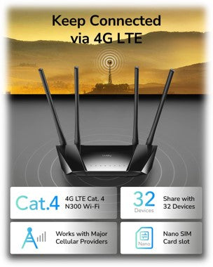 N300 WiFi 4G LTE Modem Router with SIM Card Slot, 300Mbps WiFi, LTE Cat4, EC25-AFX Qualcomm Chipset, 5dBi High Gain Antennas, FDD, DDNS, VPN, Cloudflare, Plug and Play, LT400