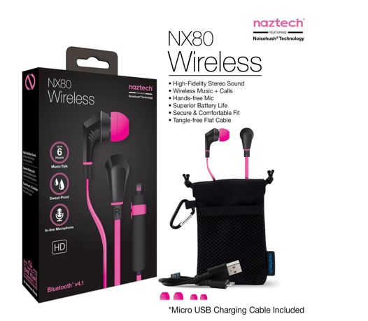 Naztech NX80w Bluetooth Wireless Sports Pink and Black Earphones
