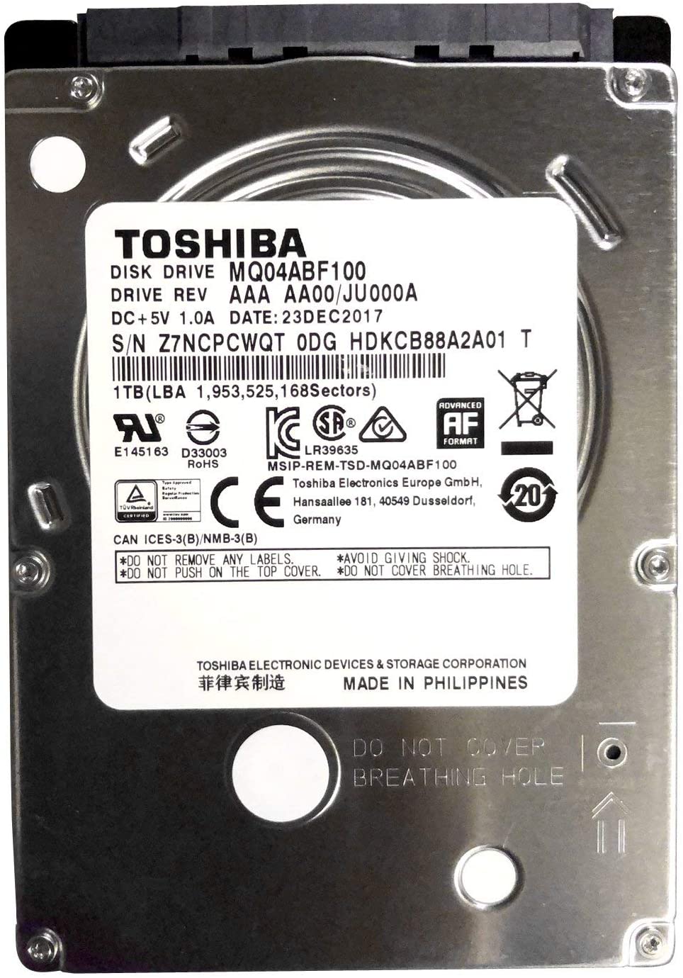 Toshiba 1TB 5400RPM SATA 7mm 2.5" 128MB HDD CMR MQ04ABF100