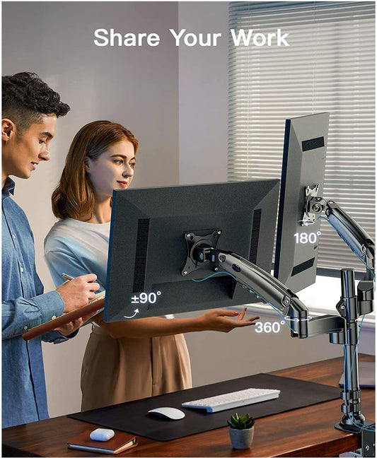 Dual Monitor Stand - Height Adjustable Gas Spring Double Arm Monitor Mount Desk Stand Fits Two 17 to 32 inch Screens with Clamp, Grommet Mounting Base, Each Arm Holds up to 19.8lbs