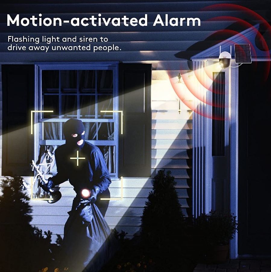 Security Camera Wireless Outdoor, Solar Powered 2.4G WiFi 360° View Pan Tilt Strobe Light/ Spotlight Home Security System with Motion Detection and Siren, Two-Way Audio, IP65, Clear Night Vision