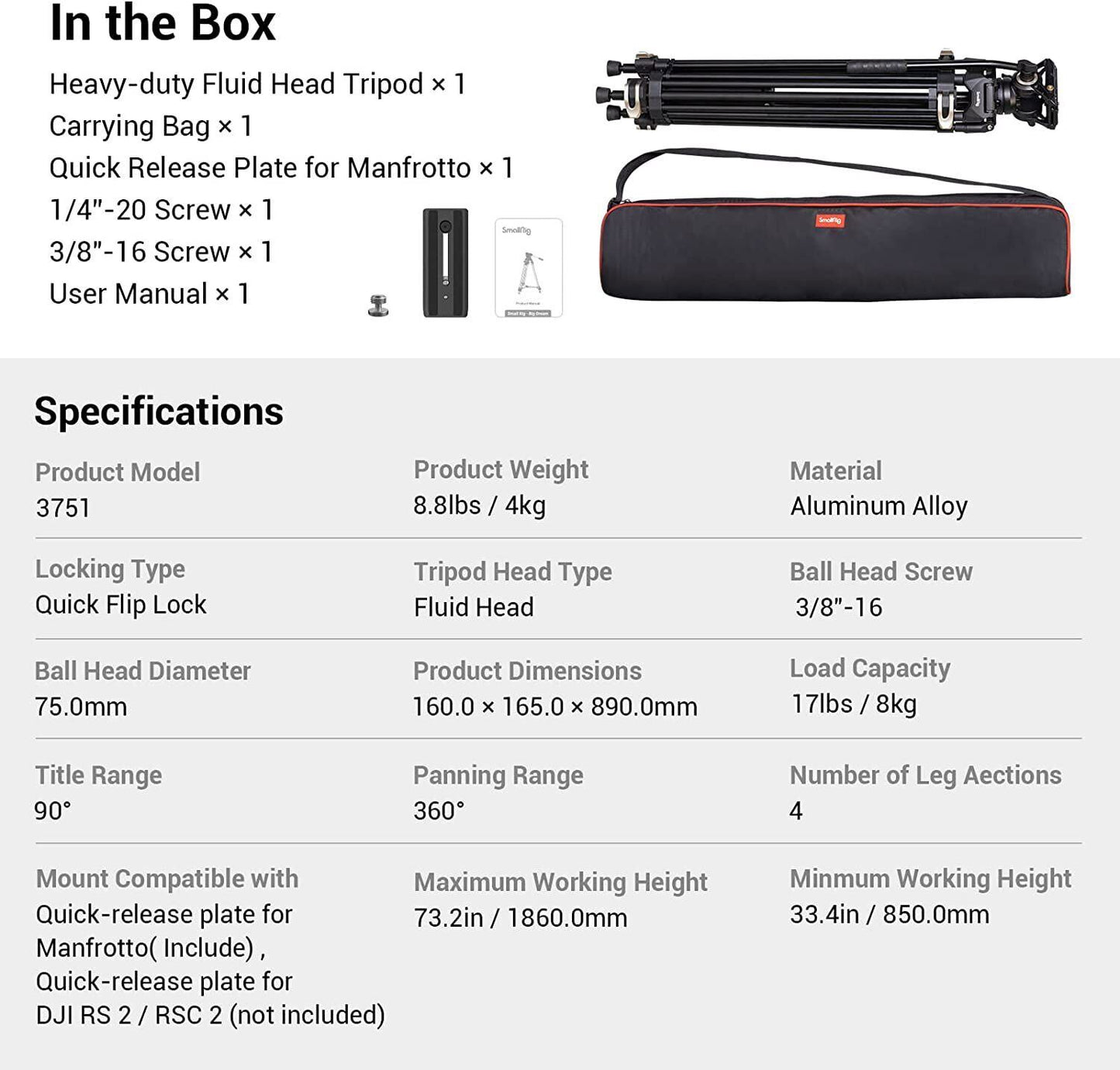 SmallRig Heavy-Duty Fluid Head Tripod AD-01 for TWO QR Plate Mode- 3751