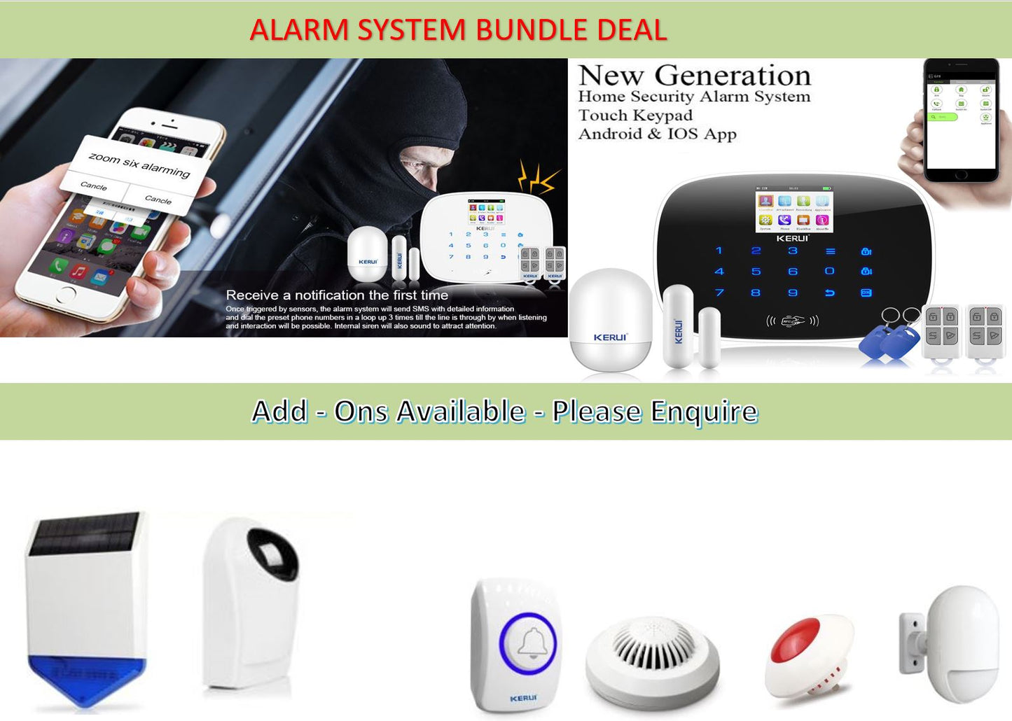 KERUI GSM alarm system Kit 1 x Main system - 2 x Remotes - 2 x RIFD Cards - 1 x Door/Window Sensor - 1 x PIR Sensor