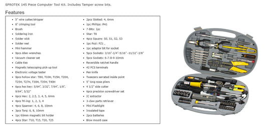 PROTEK 145 Piece Computer Tool Kit. Includes Tamper Screw Bits