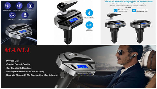 MANLI Bluetooth Car FM Transmitter with Earphone, Audio Adapter Receiver Car Kit with Wireless Hands Free Calling Headset, Support Flash Drive
