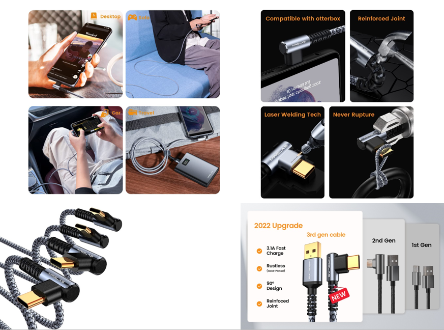 6.6FT - 2M / 3.1A USB C Cable, Gold-Plated Type C Charger Fast Charging Cable Right Angle,M