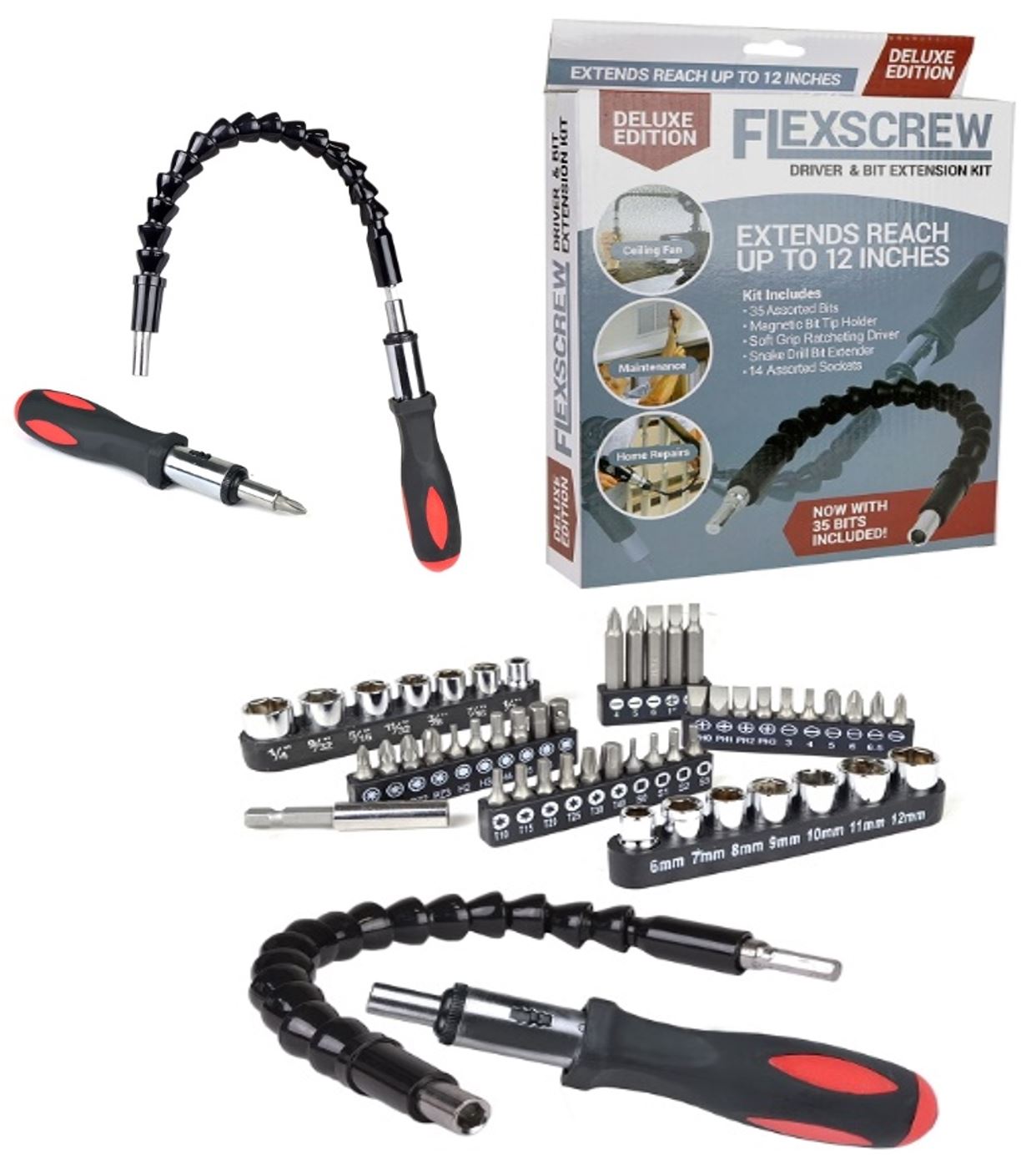 Deluxe Edition Flexible Ratchet Screwdriver Extension Kit w/35 Assorted Bits & 14 Sockets (Black/Red)
