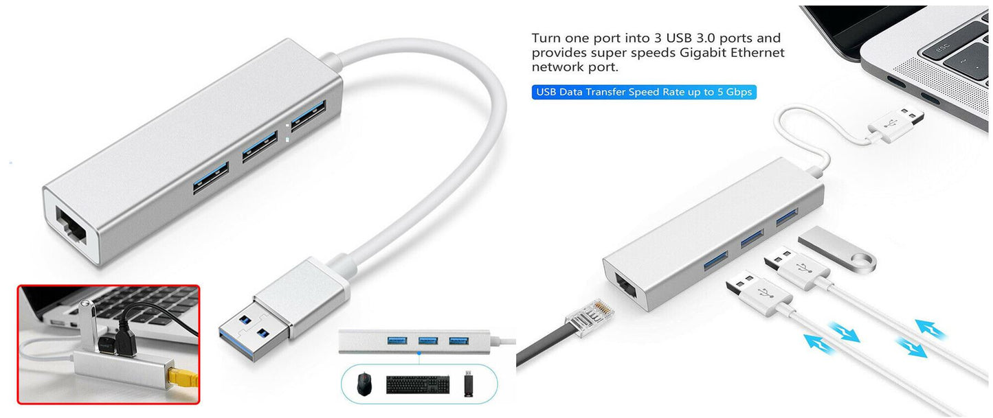 3.0 USB Network Adapter Hub to Mac PC Gigabit Ethernet Lan RJ45 1000Mbps 3 Ports