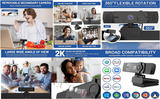 VUPUMER Webcam 2K HD Streaming Camera with Microphone with Privacy Shutter and Tripod for PC Video ConferencingCallingGamingLaptopDesktop Mac