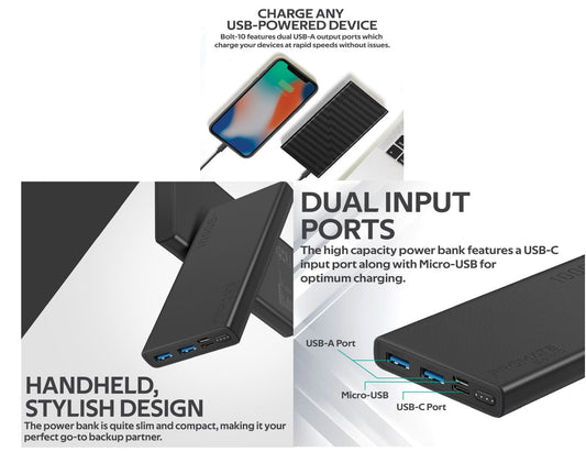 PROMATE 10000mAh Smart Charging Power Bank with Dual USB Output. USB-C & Micro-USB Inputs. Compatible with All Smart Phones & Tablets. Automatic Voltage